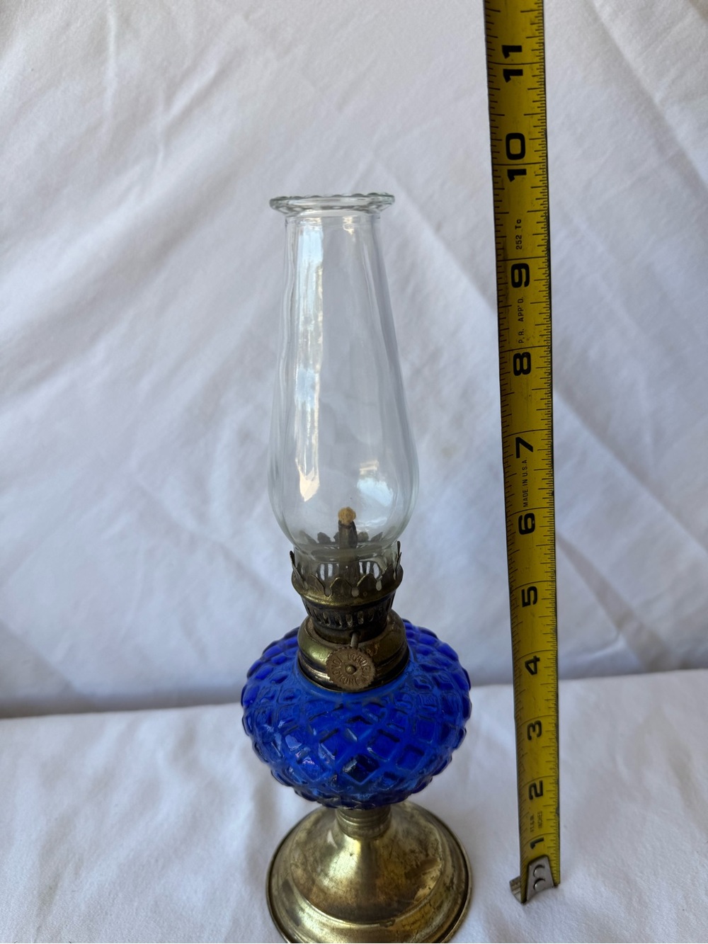 Vintage Blue Glass Oil Lamp with Brass Base